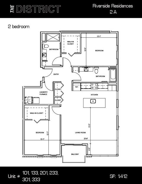Floor plan for 2 beds, 2 baths, 1209 sqft